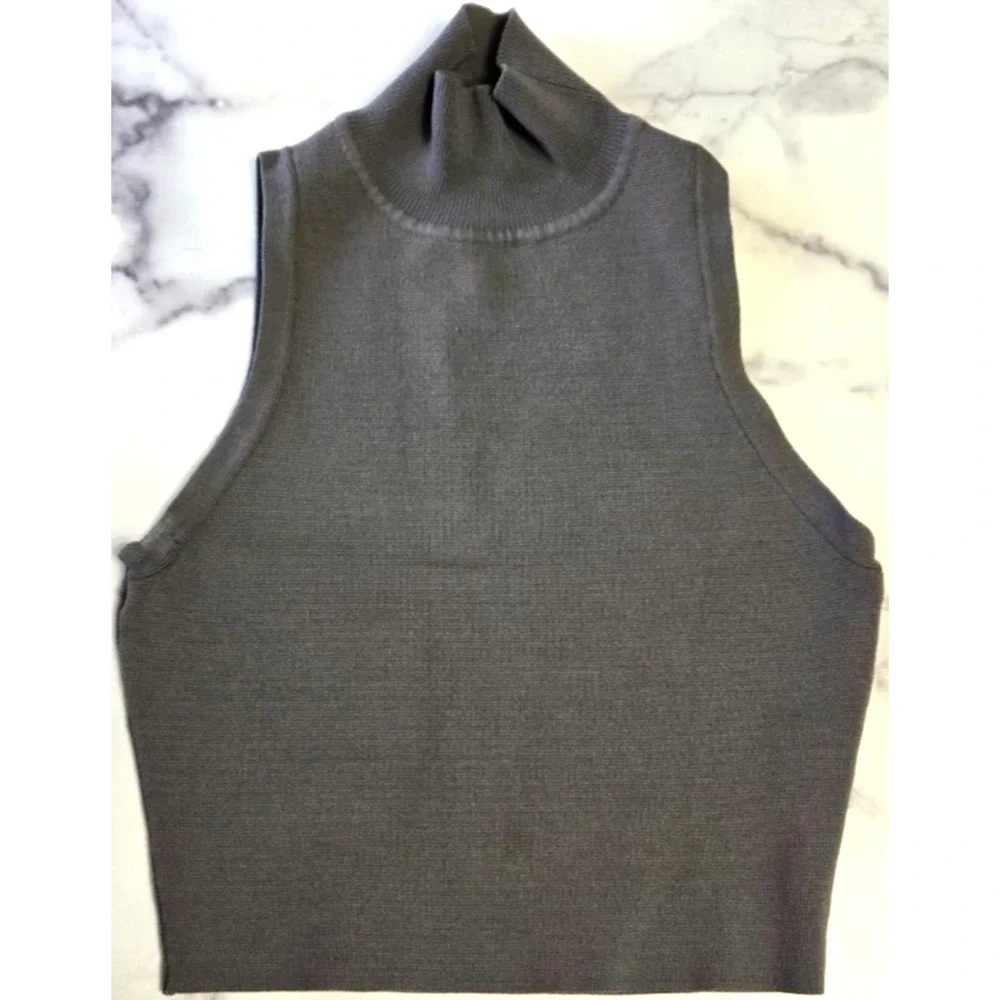 Zara Womens Cropped Tank Top Small Gray Ribbed High Neck Sleeveless Stretch Knit - Picture 1 of 6